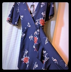 Blue midi wrap dress with floral print